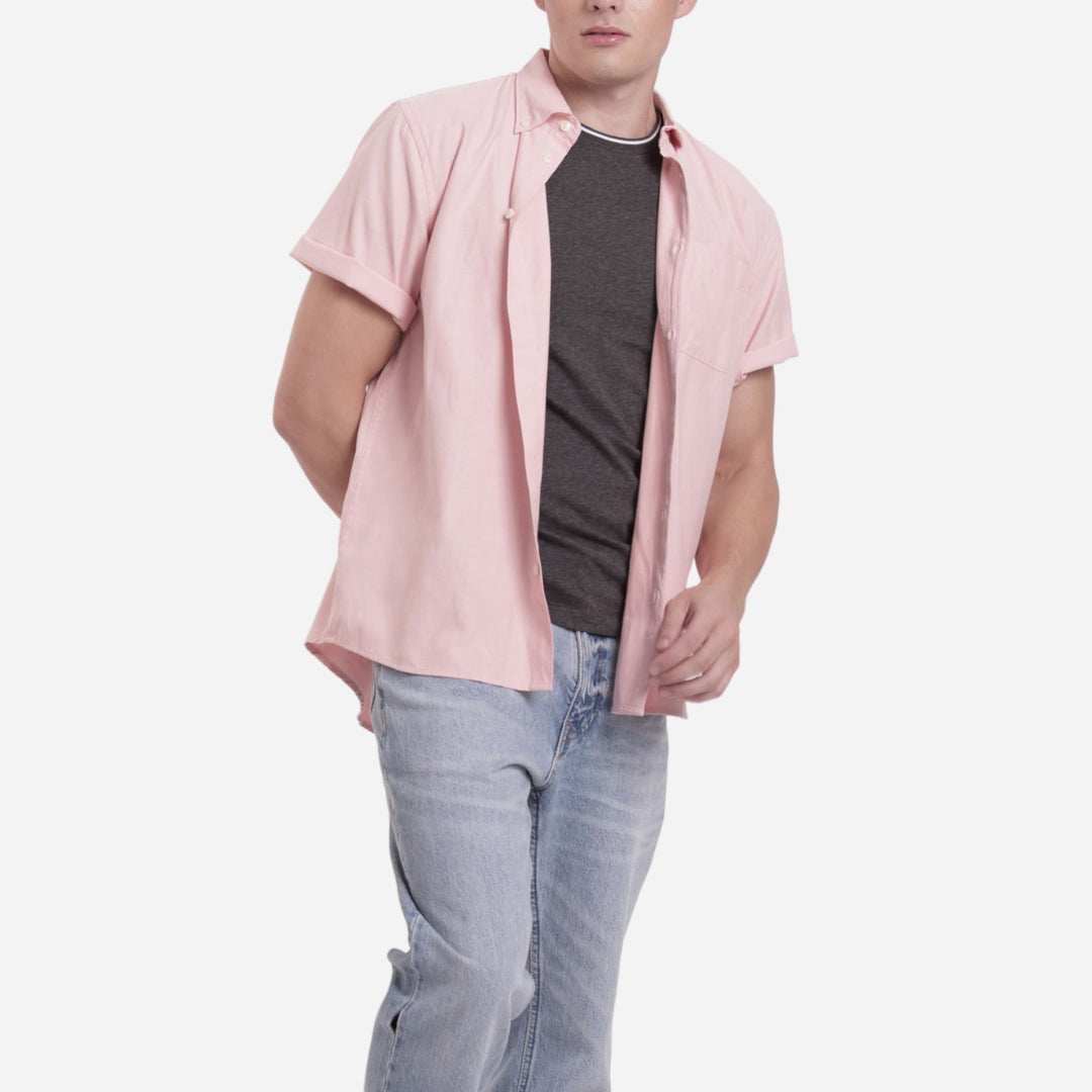 Branded Men's Shortsleeve Plain Oxford Shirt Pink