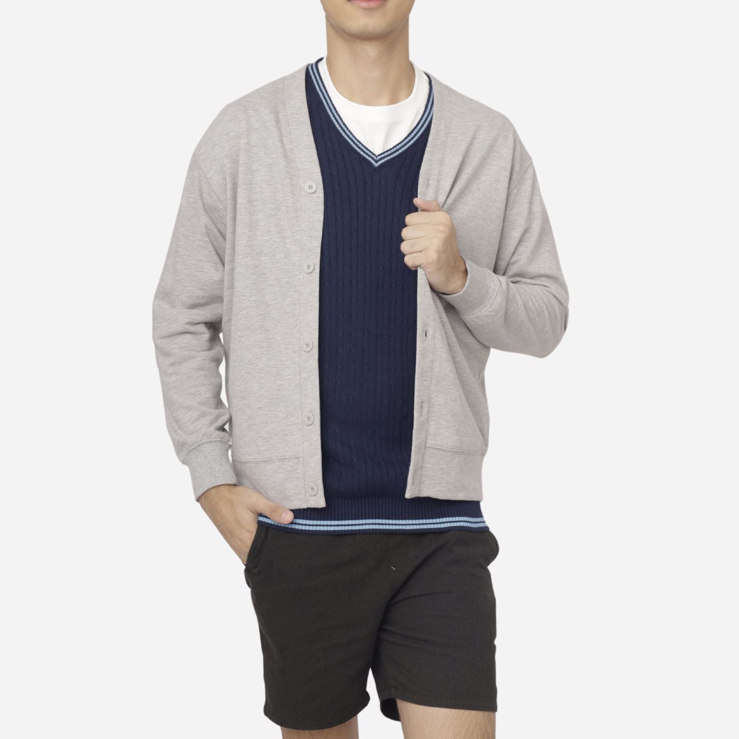 Branded Men's Button Fleece Cardigan Light Gray