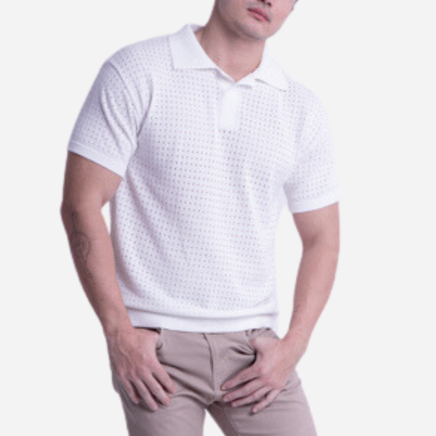 Branded Men's Knitted Poloshirt Eyelet White