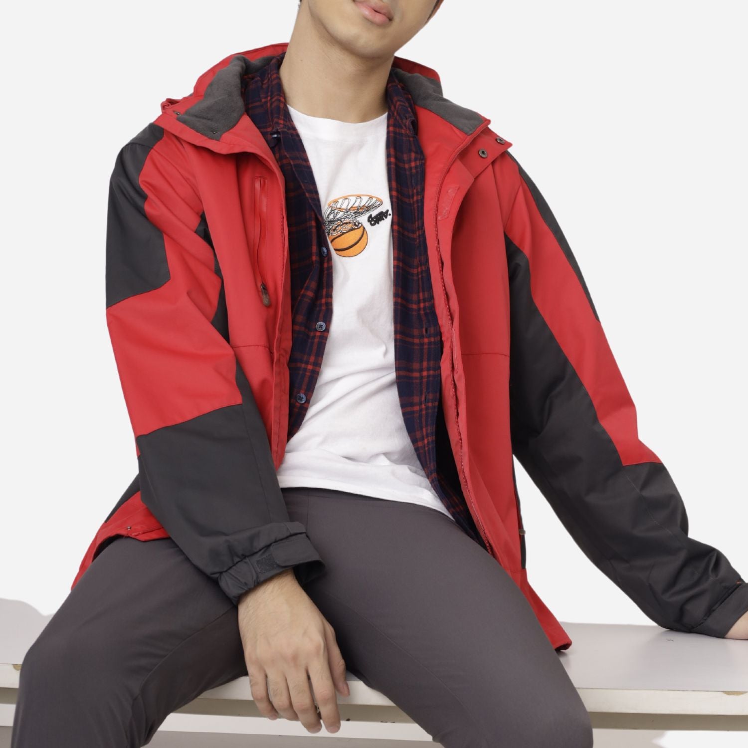 Branded Men's Fullzip Parka Rain Jacket With Combination Red
