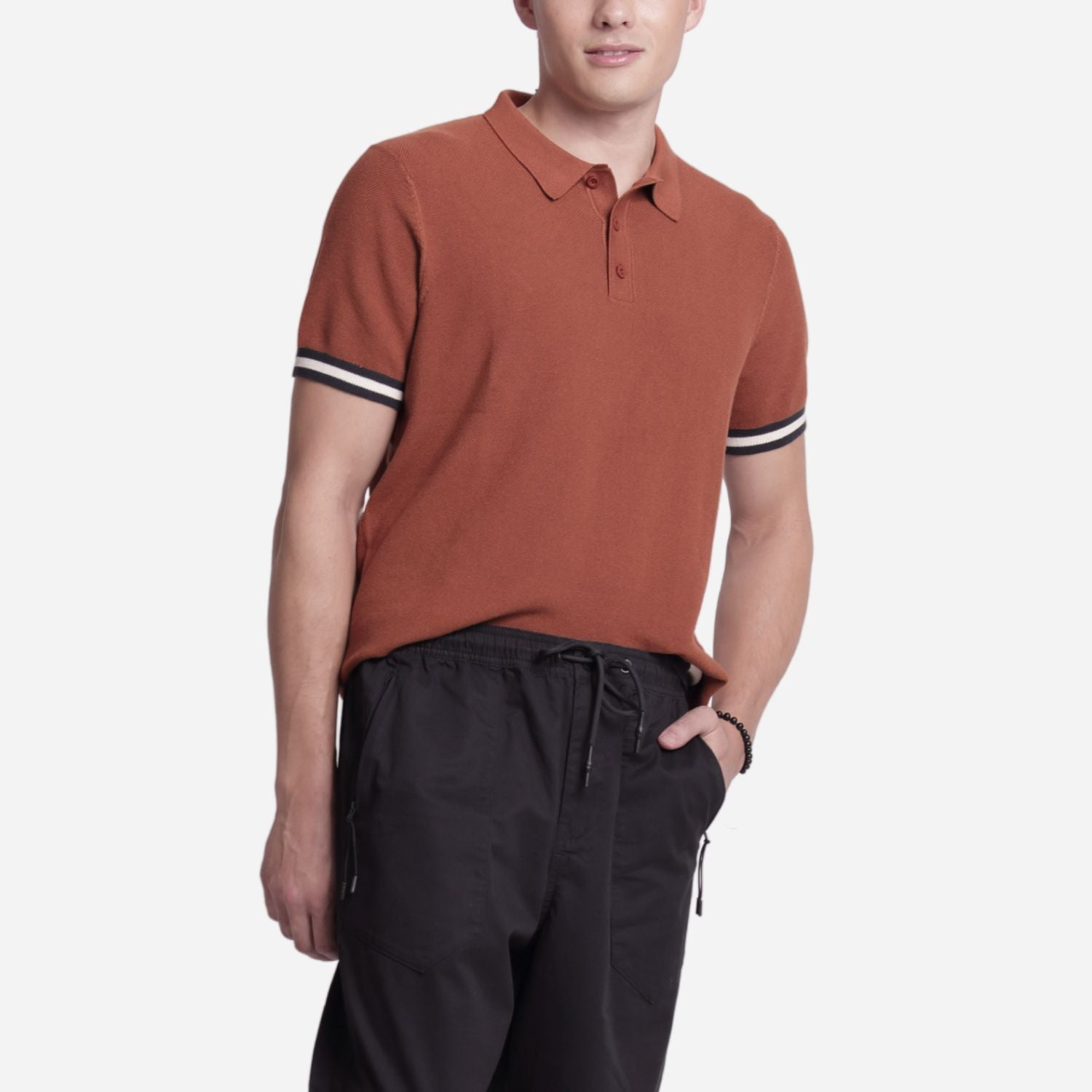 Branded Men's Knitted Poloshirt Ribbed Band Rust