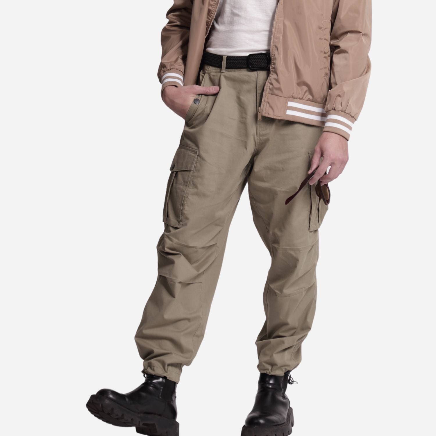 Branded Men's Twill Cargo Parachute Pants Olive