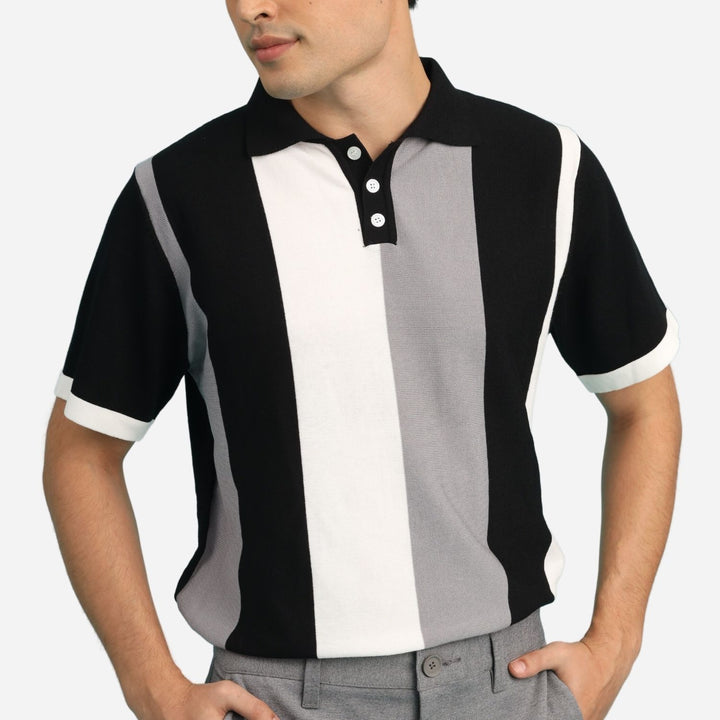 Branded Men's Knitted Poloshirt Vertical Stripes Black