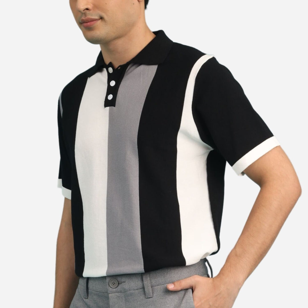 Branded Men's Knitted Poloshirt Vertical Stripes Black