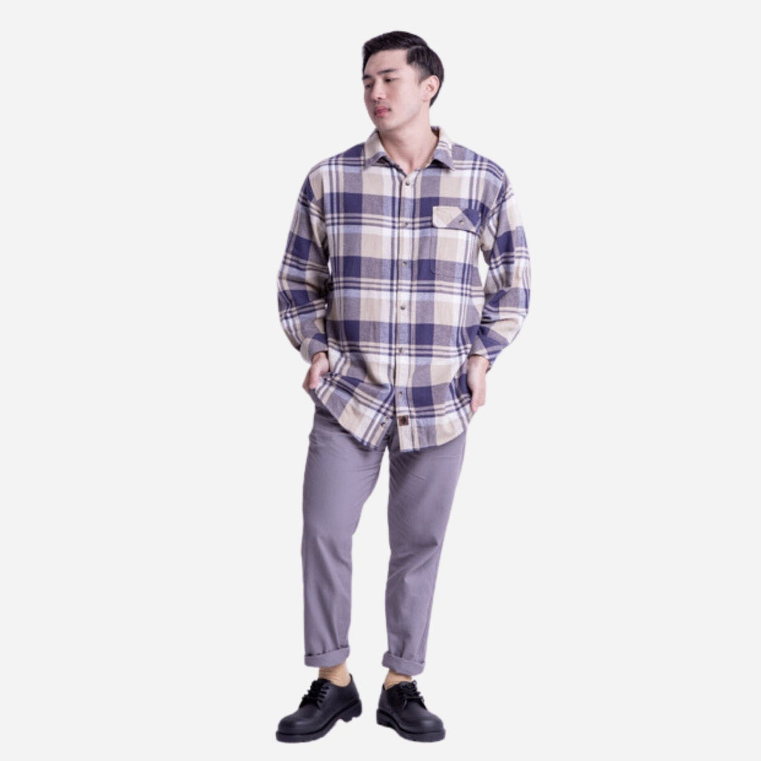 Branded Men's Flannel Longsleeve Shirt Gray Blue